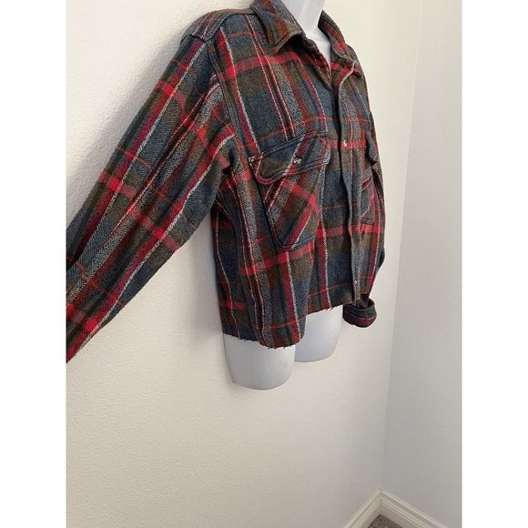 VINTAGE 5 Brother Red Blue Cropped Work Shirt Large Pockets Size Large Grunge - Picture 2 of 6